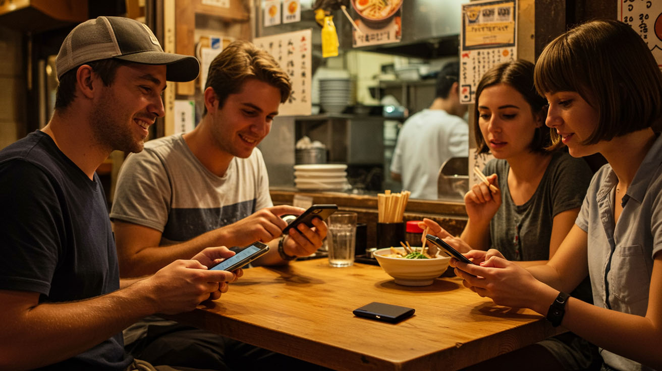 A group of friends at a ramen shop using their phones with a pocket wifi on the table