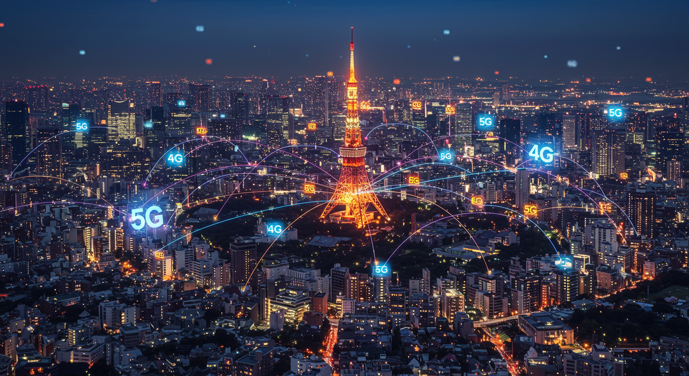 Abstract image of 5G and 4G coverage spreading across Tokyo from Tokyo Tower
