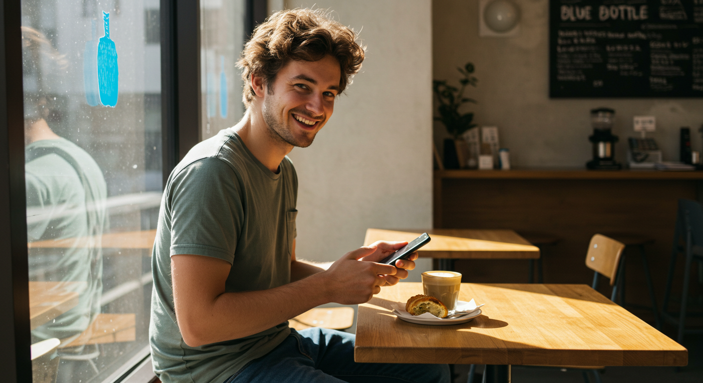 A man is going through his checklist while enjoying coffee and a pastry in a Shunjuku coffee shop