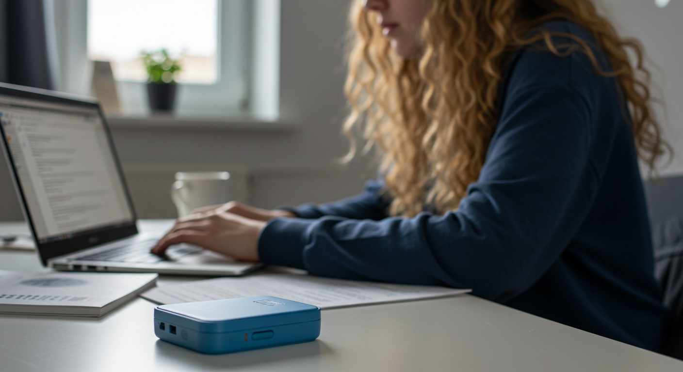 Student using pocket wifi while doing their assignments on their laptop in their home