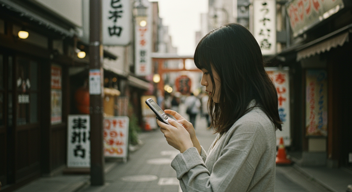 Alt text: A student using their phone to navigate through the streets of Japan