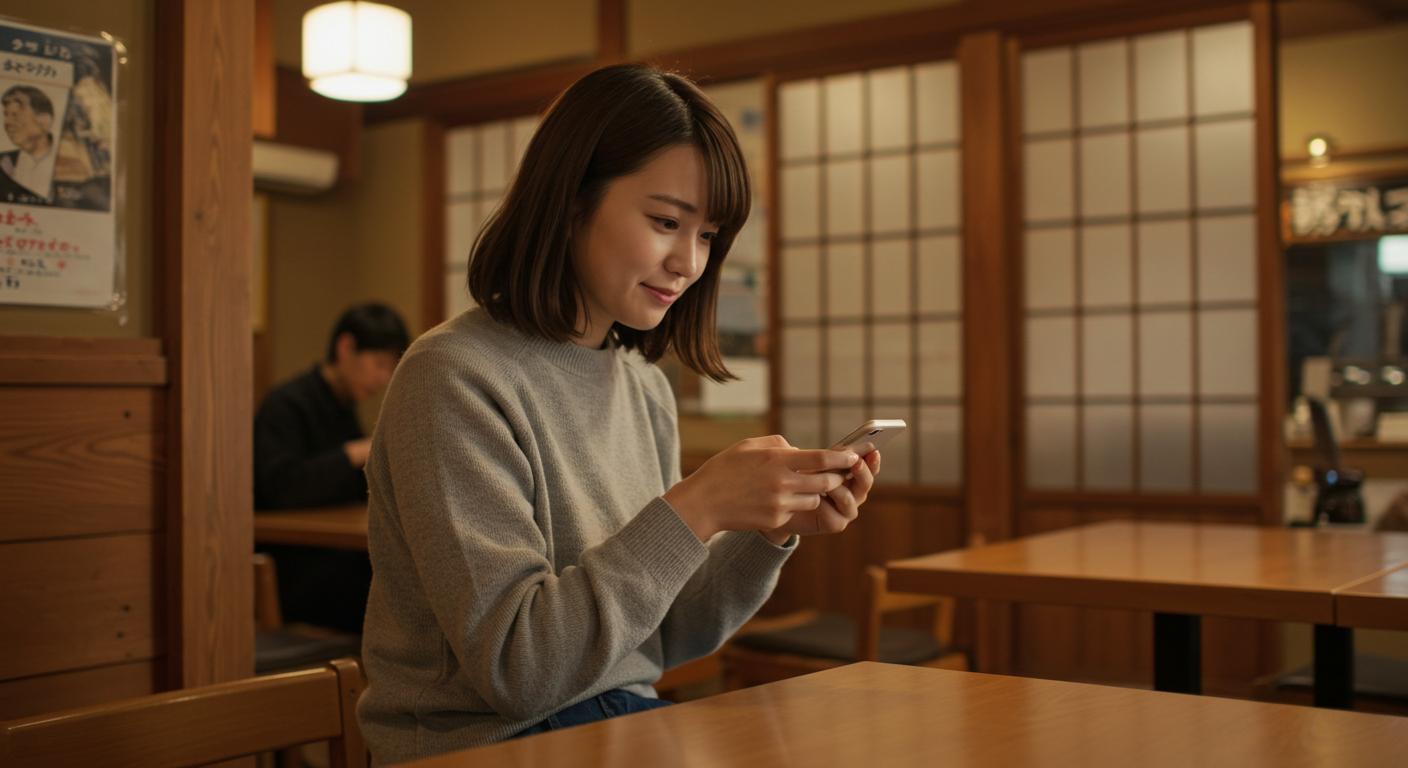 A girl in a japanese cafe surfing the internet on her phone