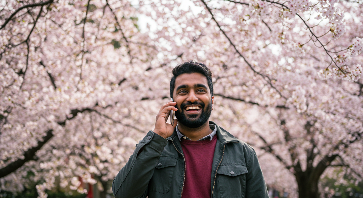 A man is happily using his phone while walking through the sakura in Ueno, Tokyo, thanks to the prepaid SIM or pocket WiFi by Sakura Mobile