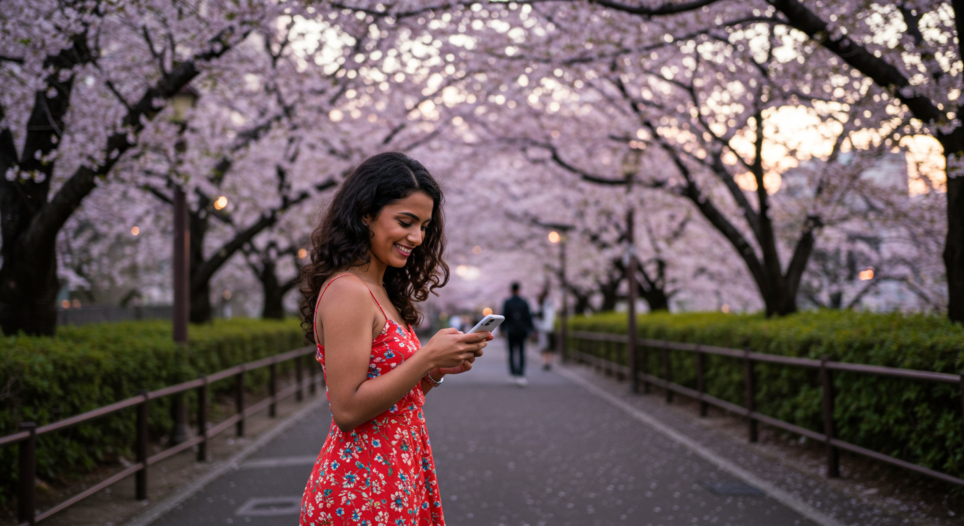 A beautiful woman is scrolling her phone smiling while walking through the sakura blossoms in Naka Meguro, Tokyo