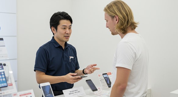 Foreigner at a phone store learning about different phone plans.