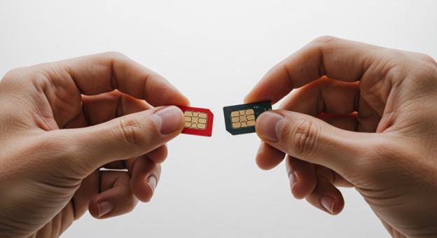 Two hands holding different SIM cards for comparison.