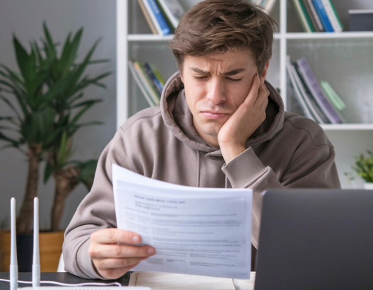 a man reading a fiber internet contract and looking confused