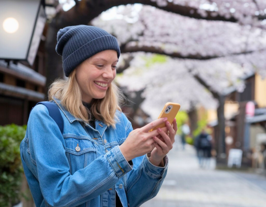 woman using her phone next to sakura tree