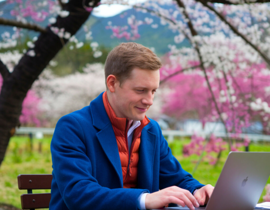 man working on laptop with sakura