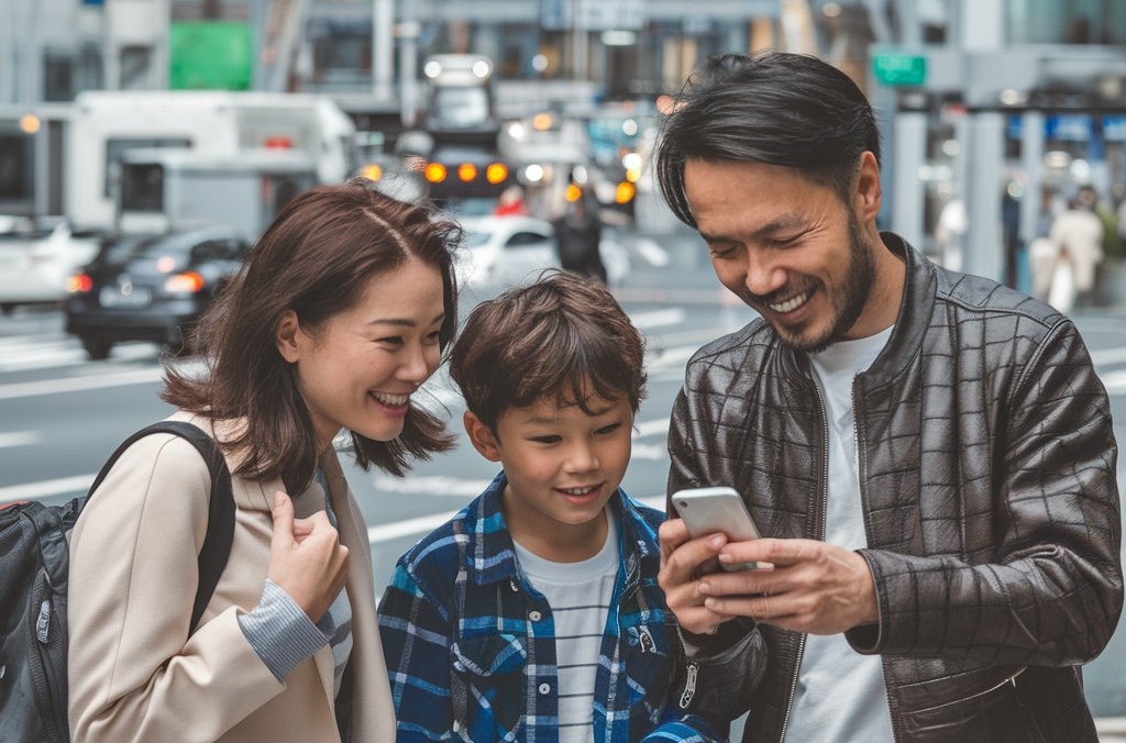A family uses a smartphone to navigate around Tokyo