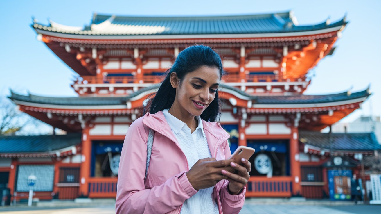 A beautiful woman is standing in front of a Japanese temple while texting on her phone